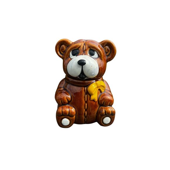 Vintage honey pot brown ceramic Taiwan Teddy bear and dipper jar - Picture 1 of 7